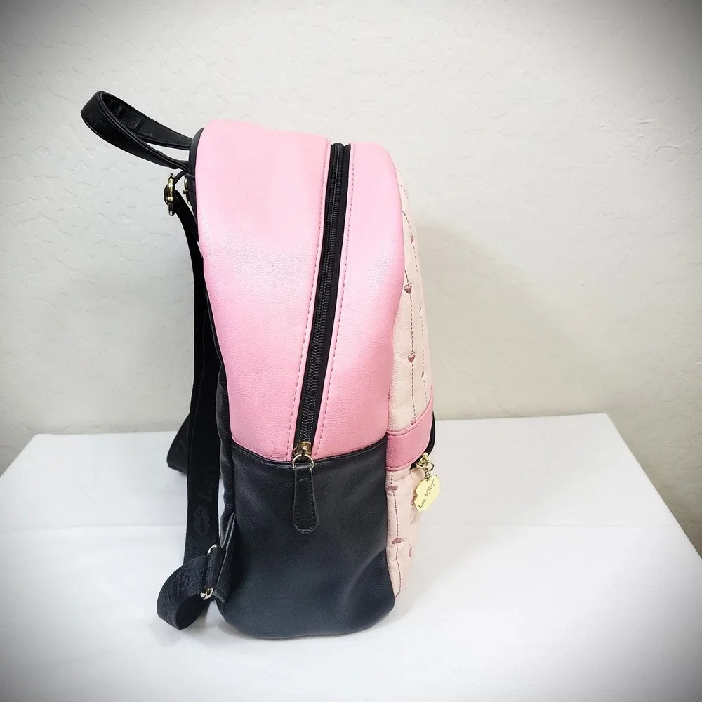 Luv Betsey Backpack Women Pink Black Heart Quilted Faux Leather Gold Tone